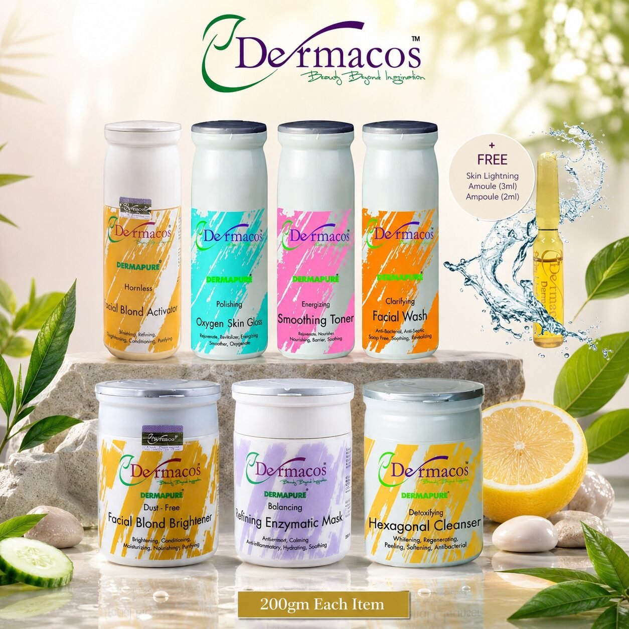 Dermacos Flawless Fusion Facial Kit (200ml Each) Pack of 7 + FREE Skin Lightning Ampoule (2ml)