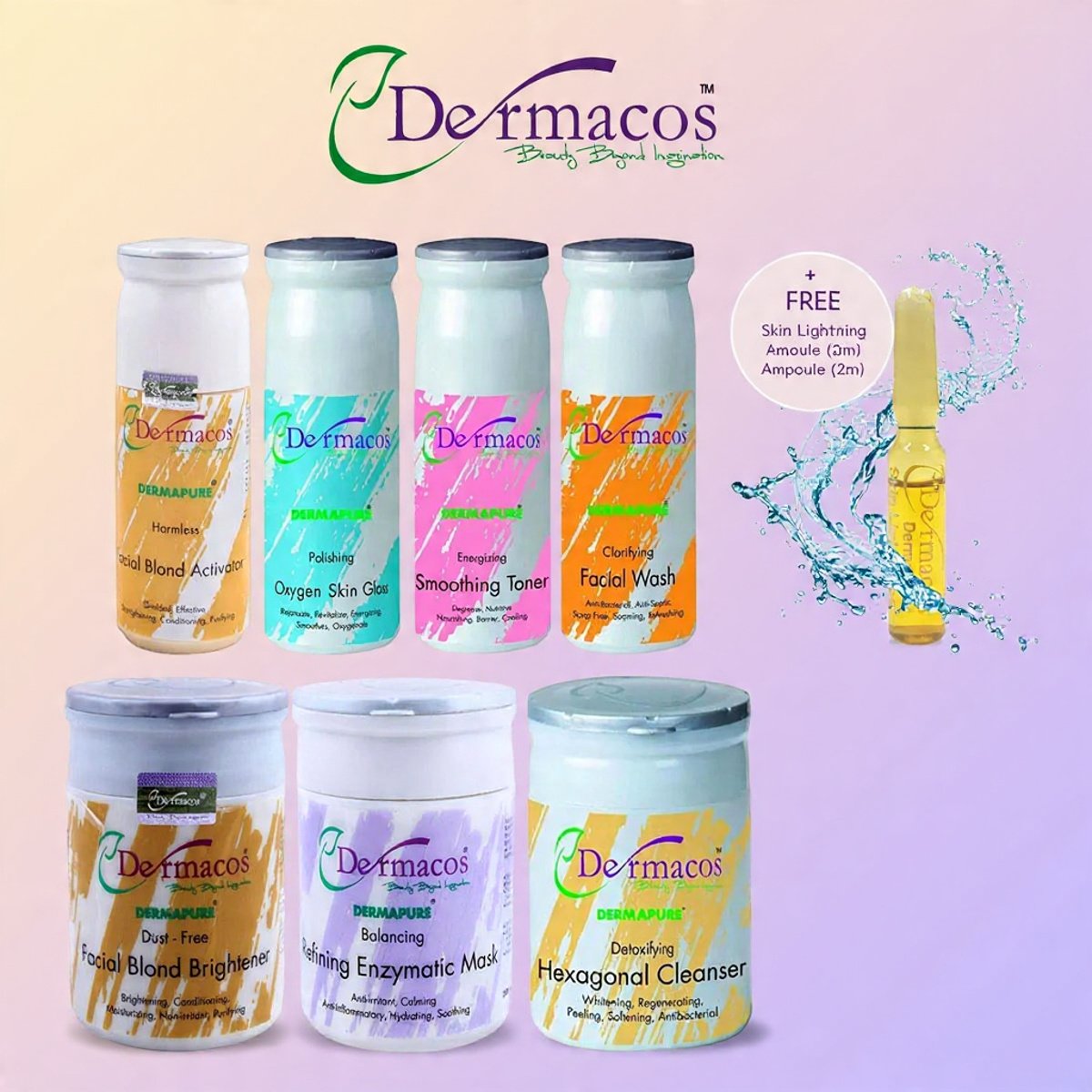 Dermacos Flawless Fusion Facial Kit (200ml Each) Pack of 7 + FREE Skin Lightning Ampoule (2ml)