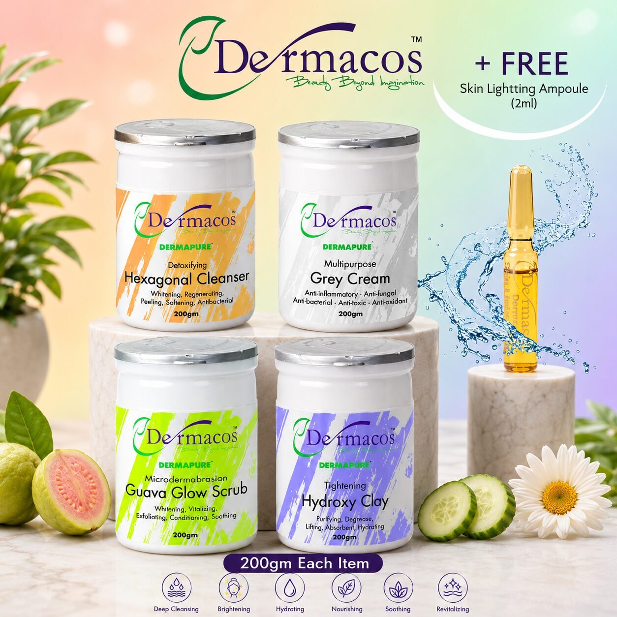 Dermacos Skincare Routine Facial Kit (200ml Each) Pack of 4 + FREE Skin Lightning Ampoule (2ml)