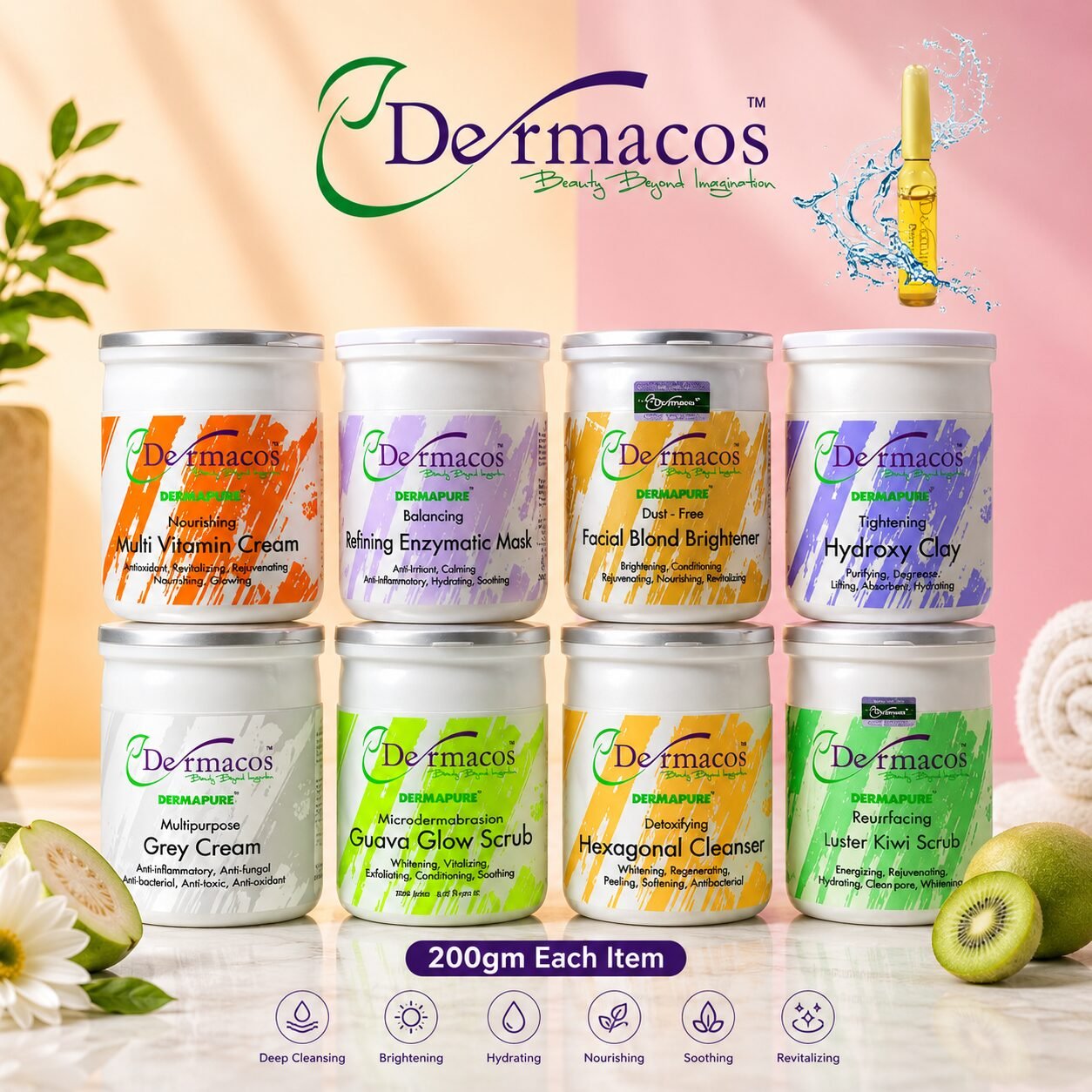 Dermacos Whitening Facial Kit Jars (200gm Each) Pack of 8 + FREE Skin Lightning Ampoule (2ml)