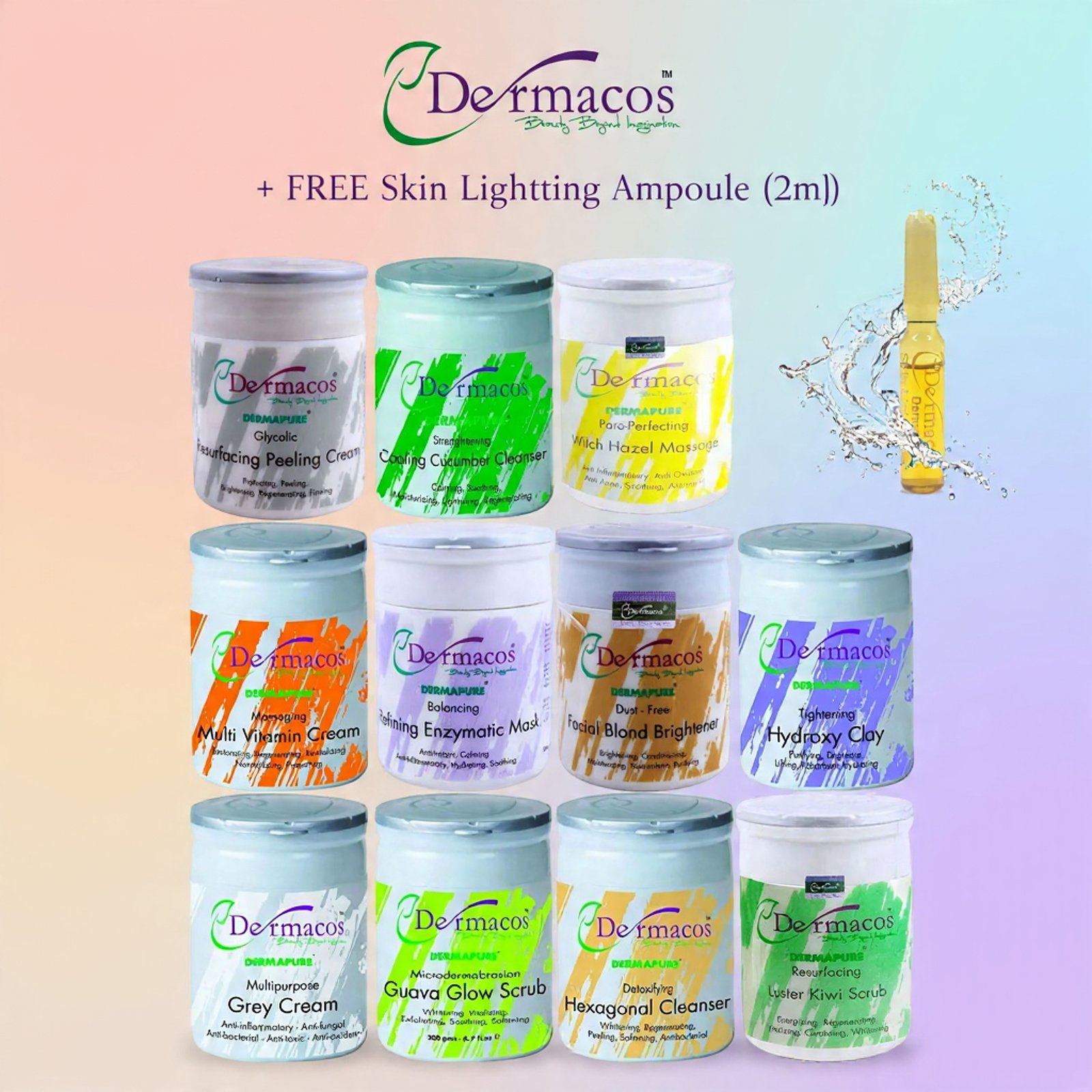 Dermacos Complete Facial Jars (200ml Each) Pack of 11 + FREE Skin Lightning Ampoule (2ml)