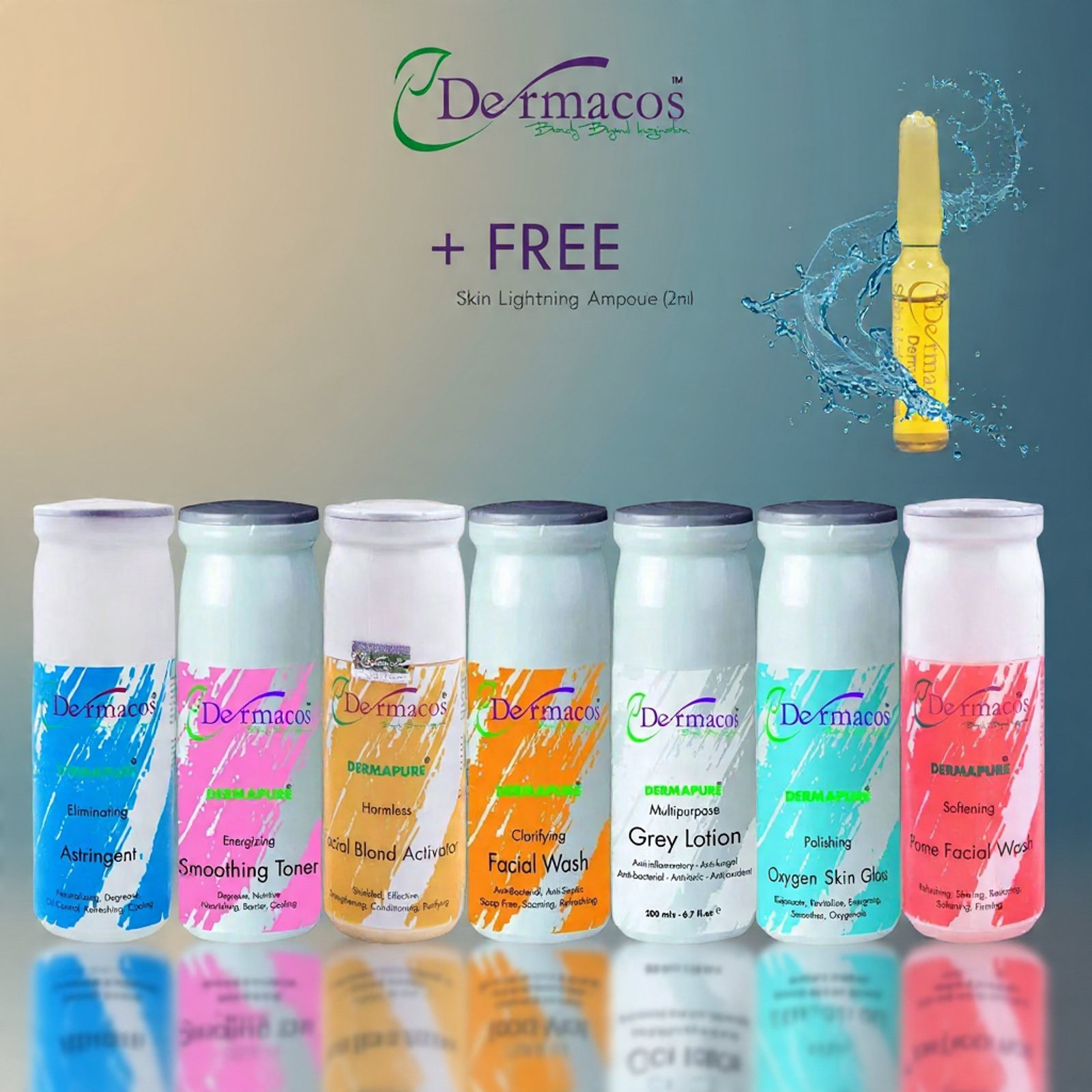Dermacos Complete Facial Tubes (200ml Each) Pack of 7 + FREE Skin Lightning Ampoule (2ml)