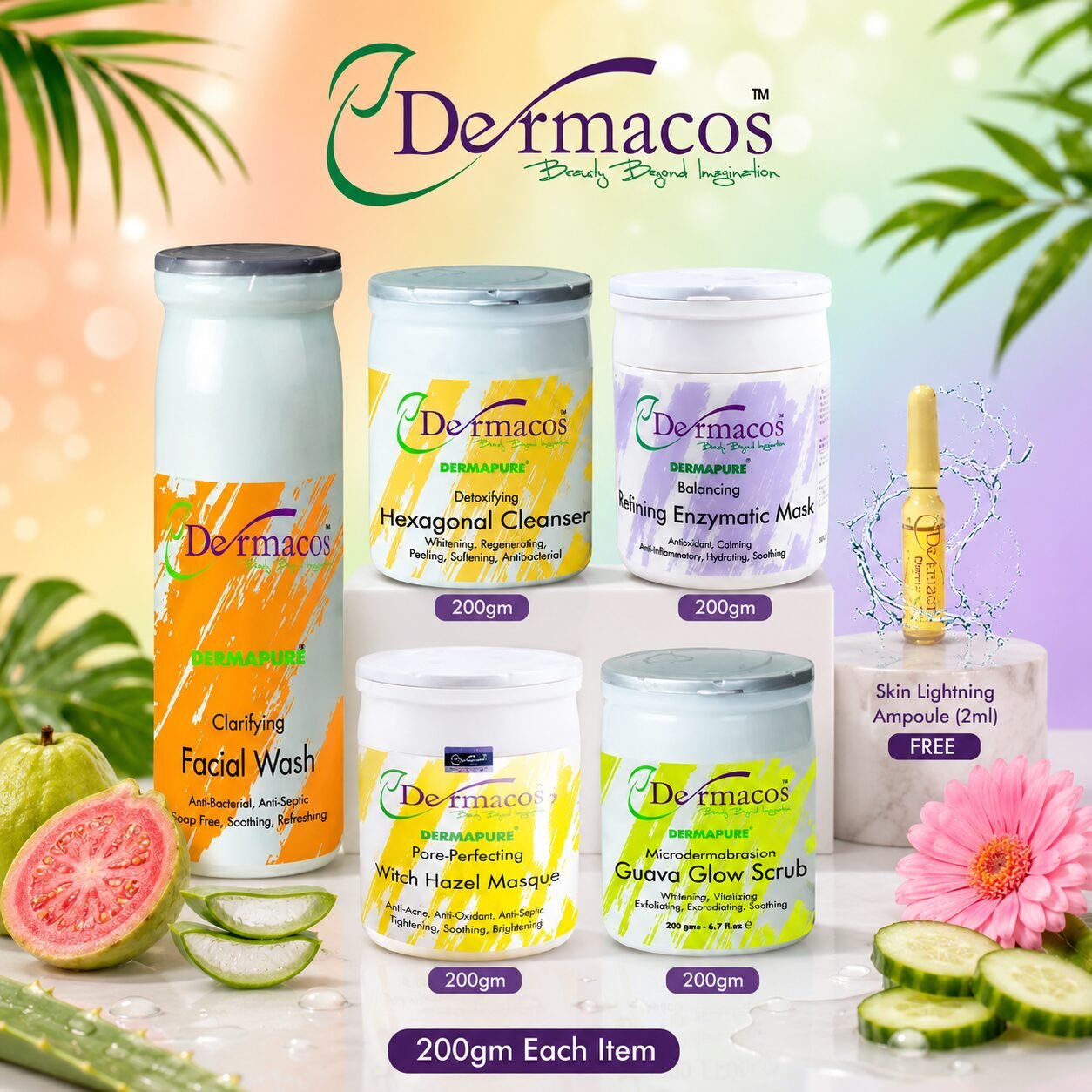 Dermacos Radiance Boost Facial Kit (200ml Each) Pack of 5 + FREE Skin Lightning Ampoule (2ml)