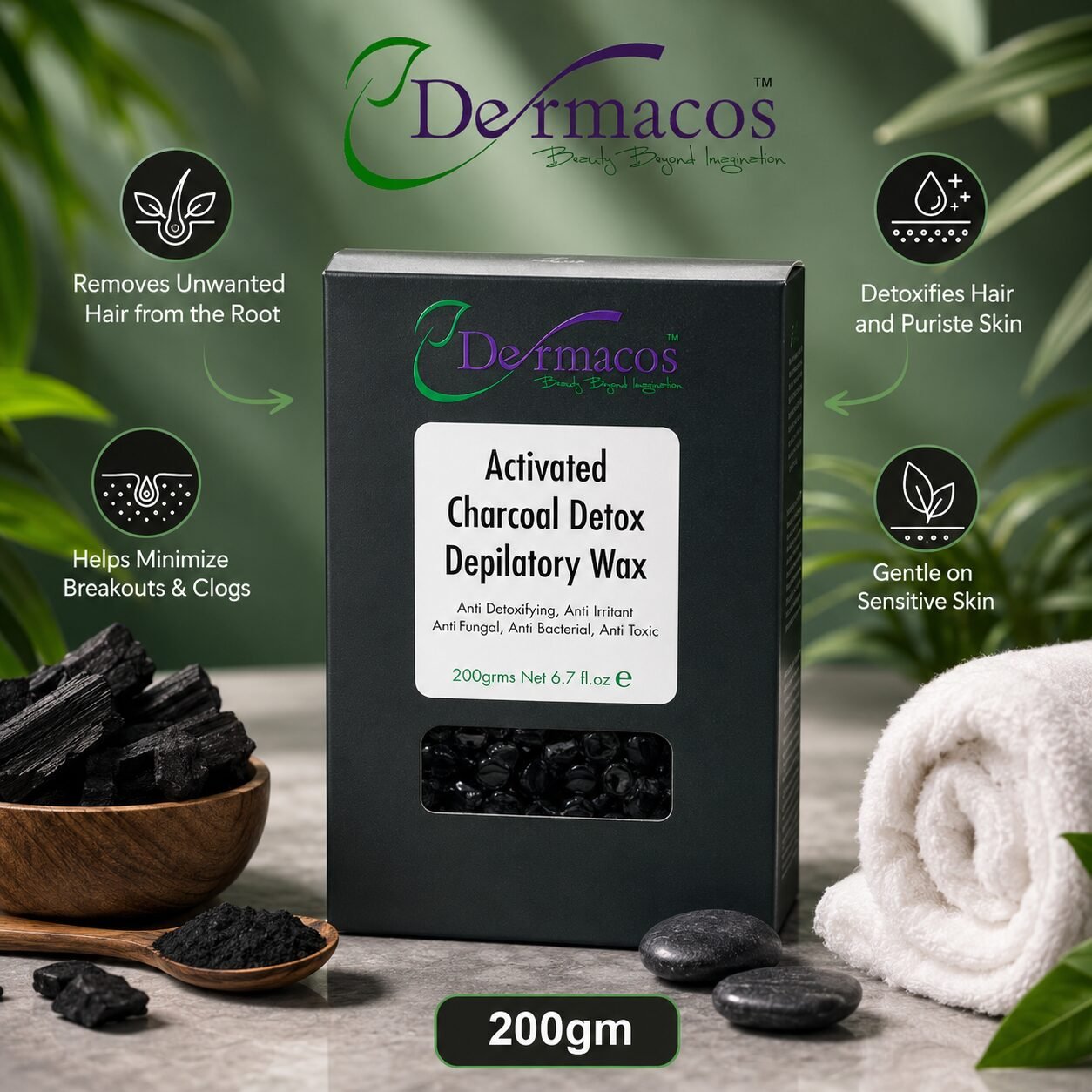 Dermacos Activated Charcoal Liposoluble Depilatory Wax (200gm)