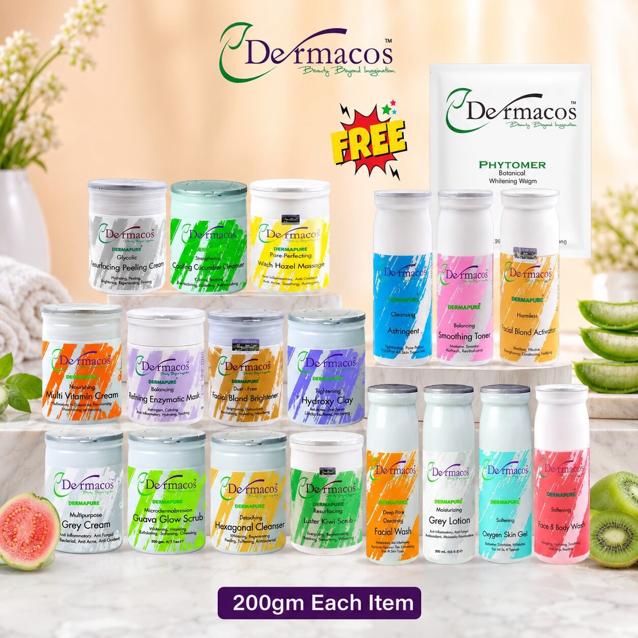 Dermacos Complete Facial Kit (200gm Each) Pack of 18 + FREE Phytomer Botanical Whitening Mask (30gm)