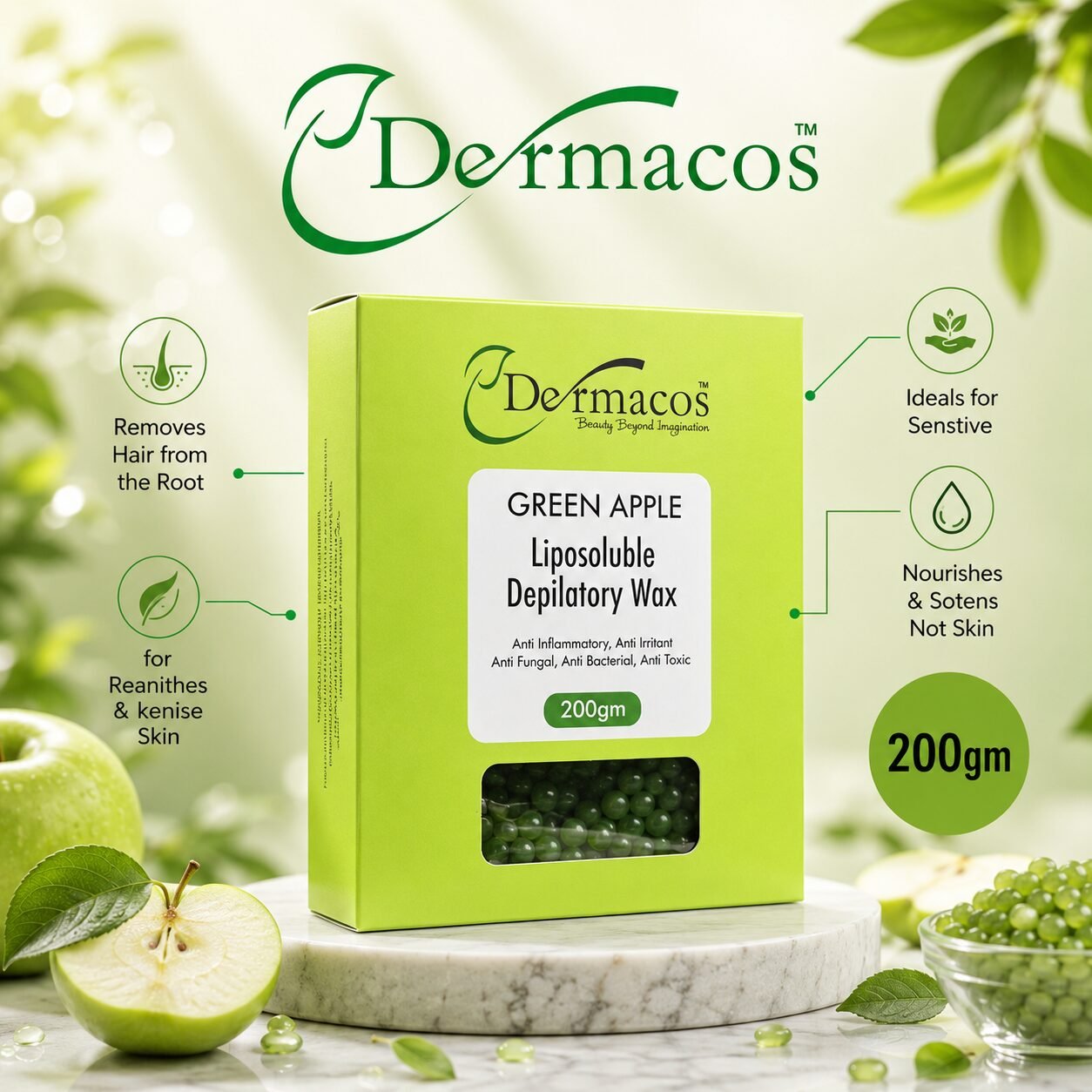 Dermacos Green Apple Liposoluble Depilatory Wax (200gm)