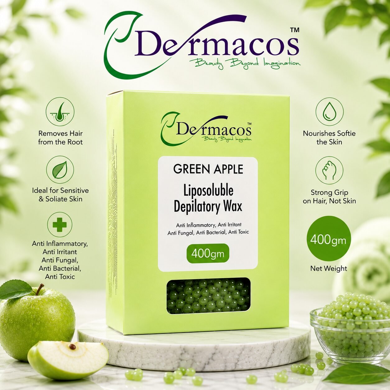 Dermacos Green Apple Liposoluble Depilatory Wax (400gm)