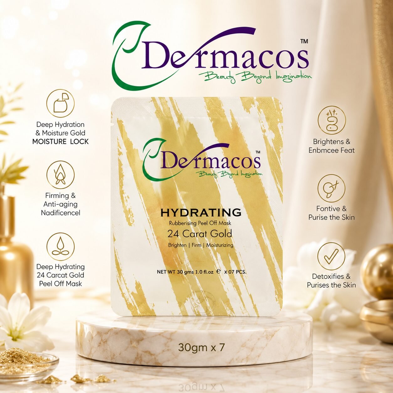 Dermacos Hydrating Rubbering Peel-Off Mask 24 Carat Gold (30gm) Pack of 7