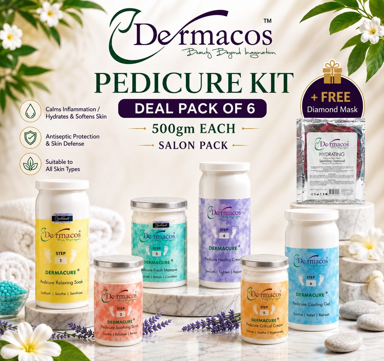 Dermacos Pedicure Kit (500ml Each) Salon Pack Pack of 6 + FREE Diamond Mask